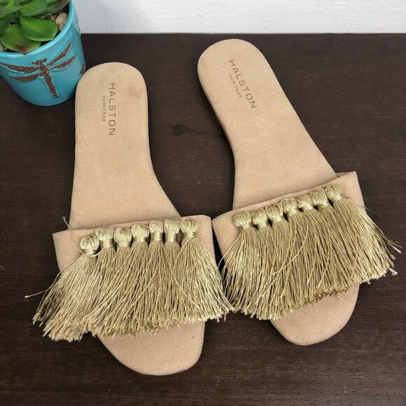 Halston Heritage Tan 'Fran' Fringe Slide Sandals Women's Size 7M - Picture 1 of 5